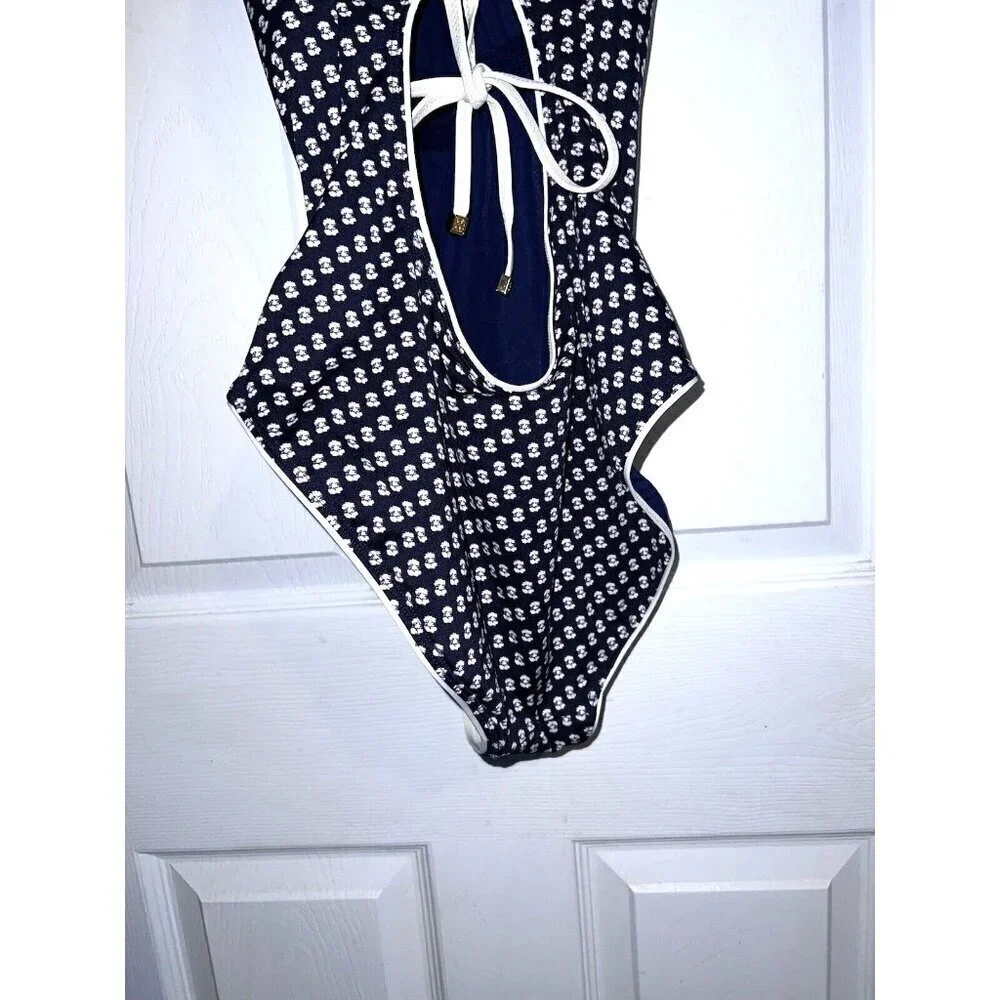 TORY BURCH One Piece Navy Ivory Trim Open Back Swimsuit Sz M